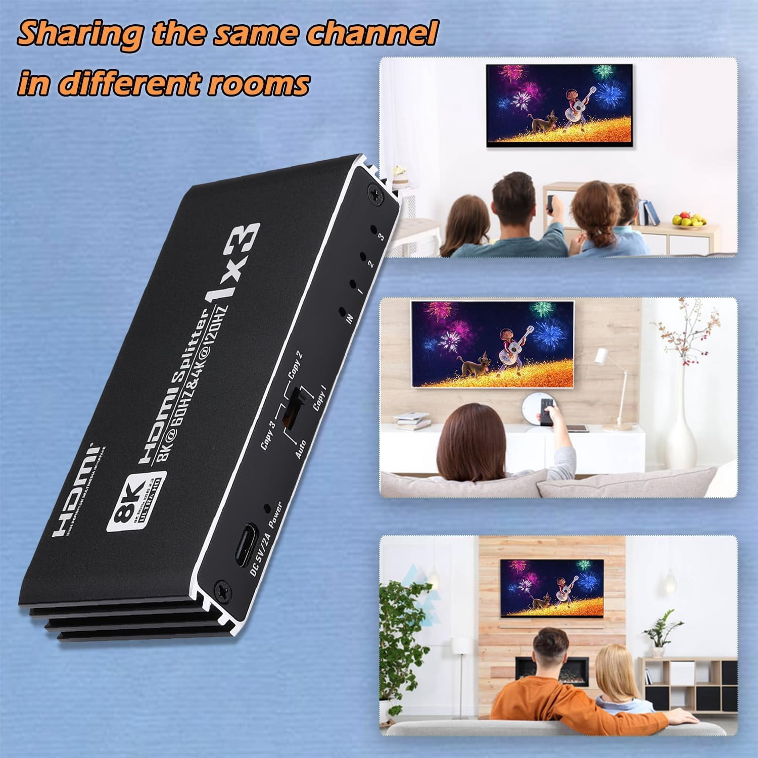 8K@60Hz HDMI 2.1 Splitter Cable 1 in 3 Out 1x3, Support 4K@120Hz 1080P@240Hz 48Gbps VRR HDCP2.3 HDR HDR10 EDID Dolby Atmos 7.1ch Audio, Only Duplicate/Mirror Screens Not Extend