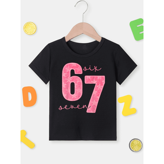 Six Seven 67 Pink Letter Graphic Kid T-Shirt Casual  Style With 100% Cotton Fabric,Suitable For Boys And Girls,Size From 3T-13Y,Ideal Gift For Kids