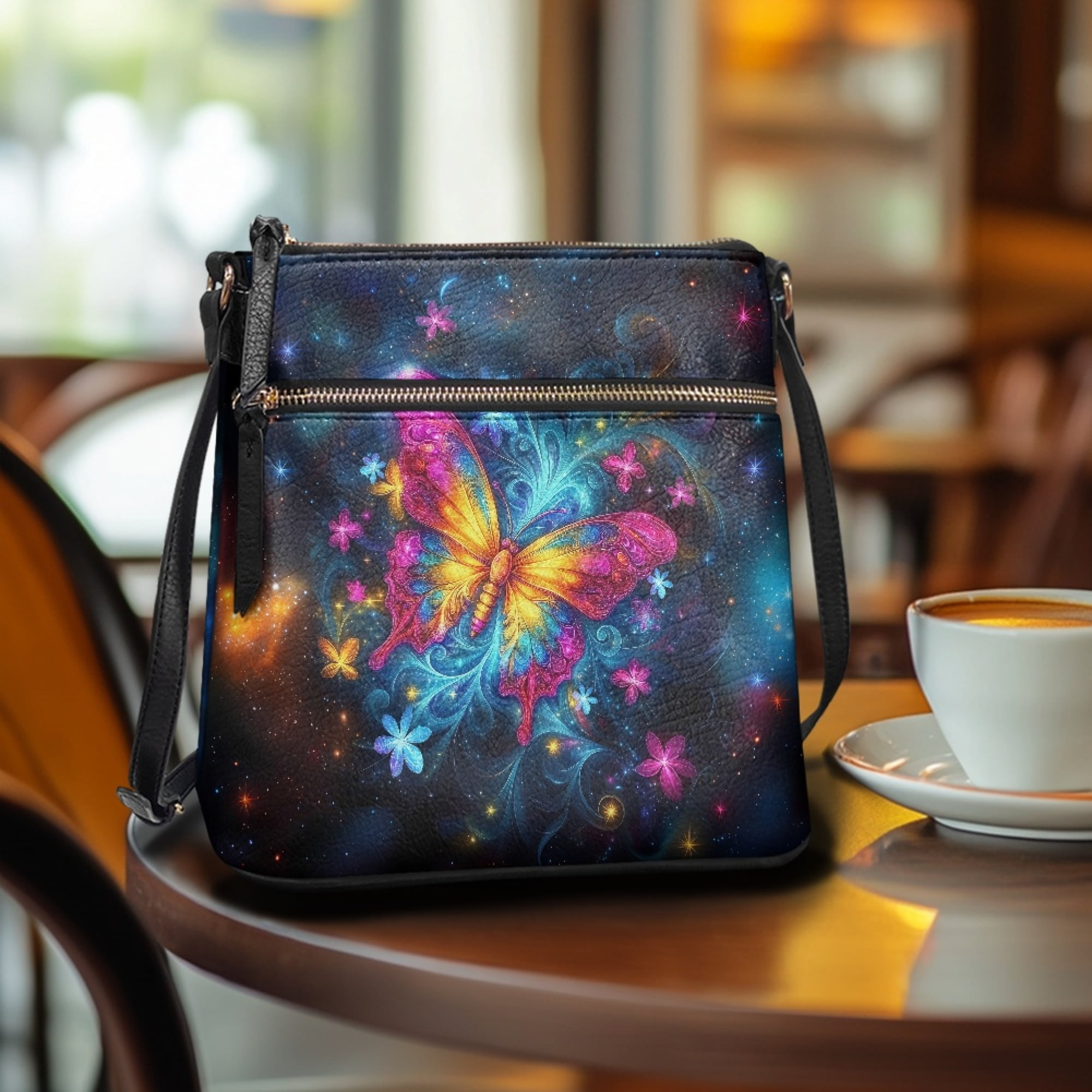 Kuiaobaty Butterfly Flower Galaxy Print Women's Crossbody Bag, Medium Size Portable Leather Satchel Purse Crossbody, Waterproof Messenger Handbag with Adjustable Strap for Travel