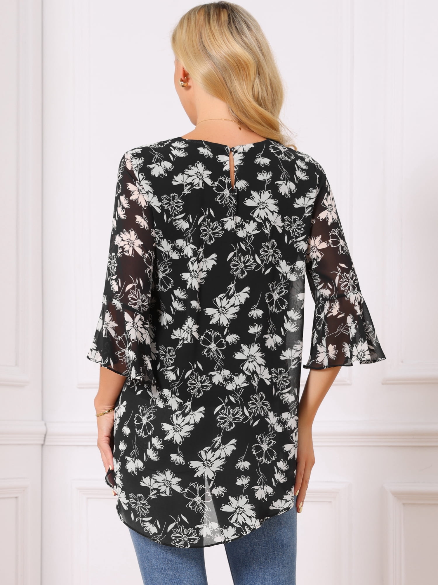 DARING DIVA Women's High Low Floral 3/4 Sleeve Chiffon Blouse Dressy Shirt XL Black