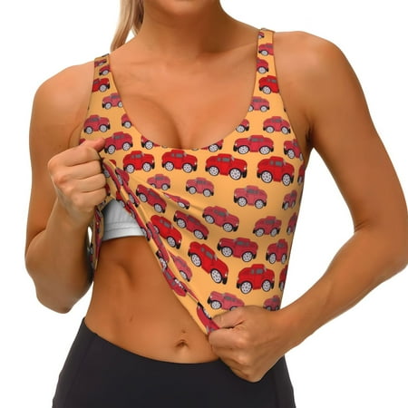 Qokaie Red Cars Pattern Womens Scoop Neck Sports Bra Breathable Workout Vest Padded U Back Medium Impact Fitness Gym Yoga Bra Workout Crop Top