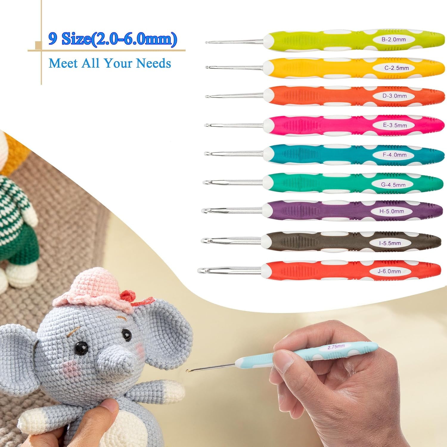 9 PCS Longer Ergonomic Crochet Hooks Set USA Standard Size B to J 2.0mm-6.0mm Soft Grip Handles Smooth Crochet Needles Knitting Needles for Arthritic Hands,Beginners(Set C)