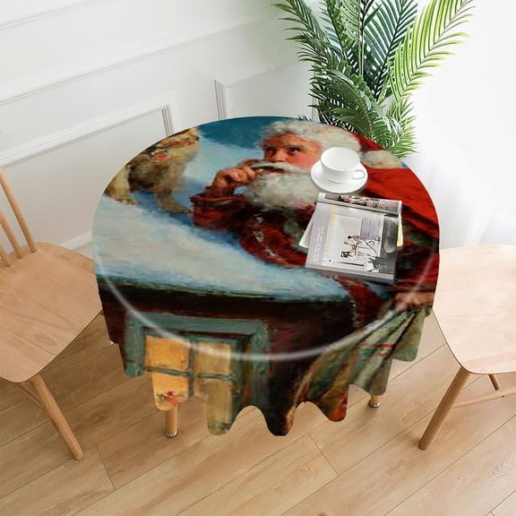 RKSupls 60 Inch Round Tablecloth, Santa Dog Roof Premium Polyester Straight Edge Wrinkle Resistant Washable Table Cover for Party Home Dining Decor