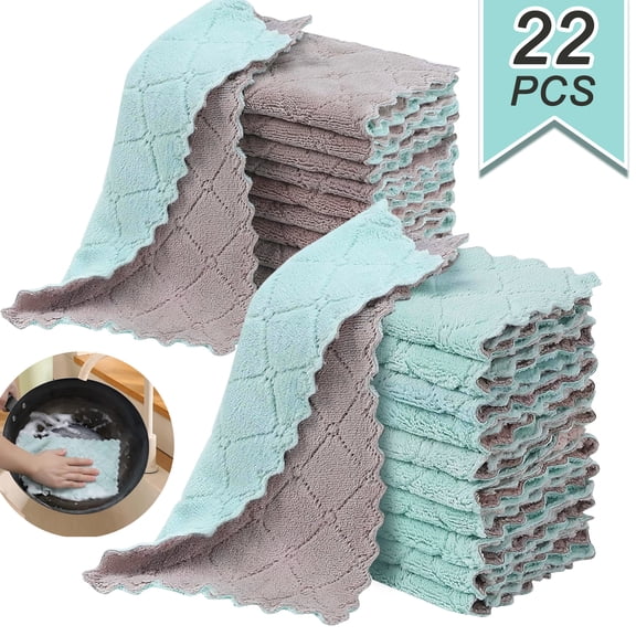 22Pack Kitchen Dish Cloths,Reusable Dish Towels,Nonstick Oil Washable Fast Drying,Super Absorbent Coral Velvet Cleaning Cloths for Cleaning Tableware,Kitchen,Bathroom (Green-grey10 x 6")