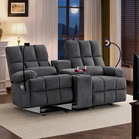 Recliner Loveseat, 2-Seater Manual Recline & Rocker Sofa with Removable Armrests, Flip-Top Console Storage, US Outlet USB/Type-C, Pet-Scratch Resistant Chenille Fabric (Green)