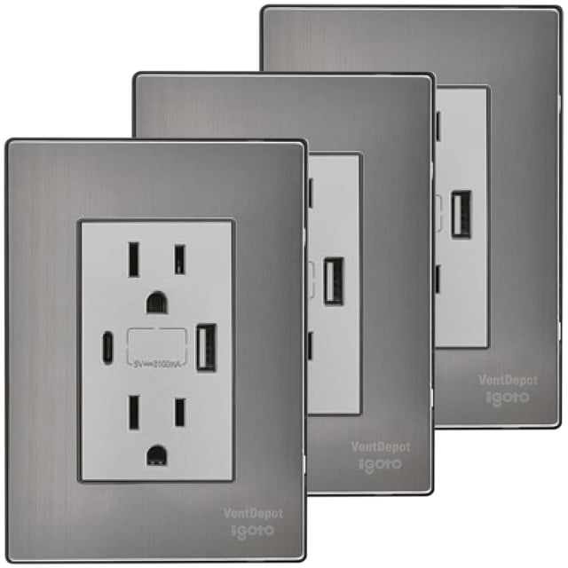 Enchufe Doble Inoxium1X1U1BSilver 3Pzas USB A/USB C/Contacto Duplex 110/125-250VCA 15A 50/60Hz 5VDC 3A Plateado Acero I