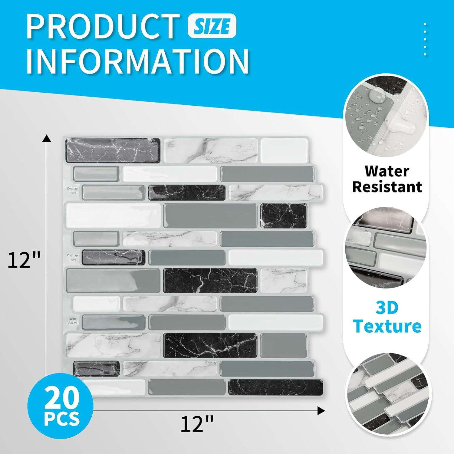 20-Sheet Peel and Stick Kitchen Backsplash Tiles, Self-Adhesive Wall Tiles for Kitchen and Bathroom, 12"x12", Marble Grey