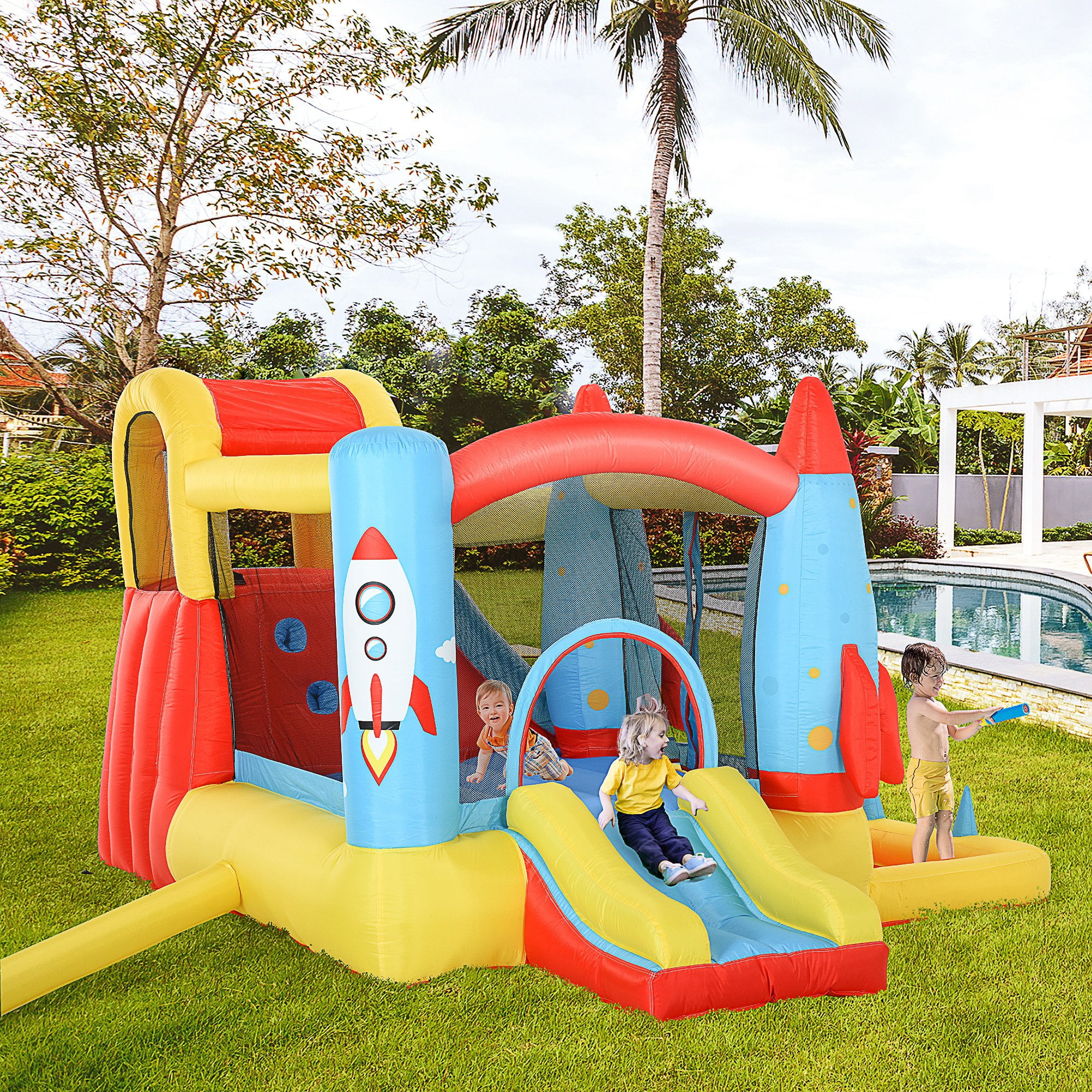 Kids 4-in-1 Inflatable Water Slide Bounce House with 2 Slides, Climbing Wall, Trampoline & Splash Pool, Air Blower Included