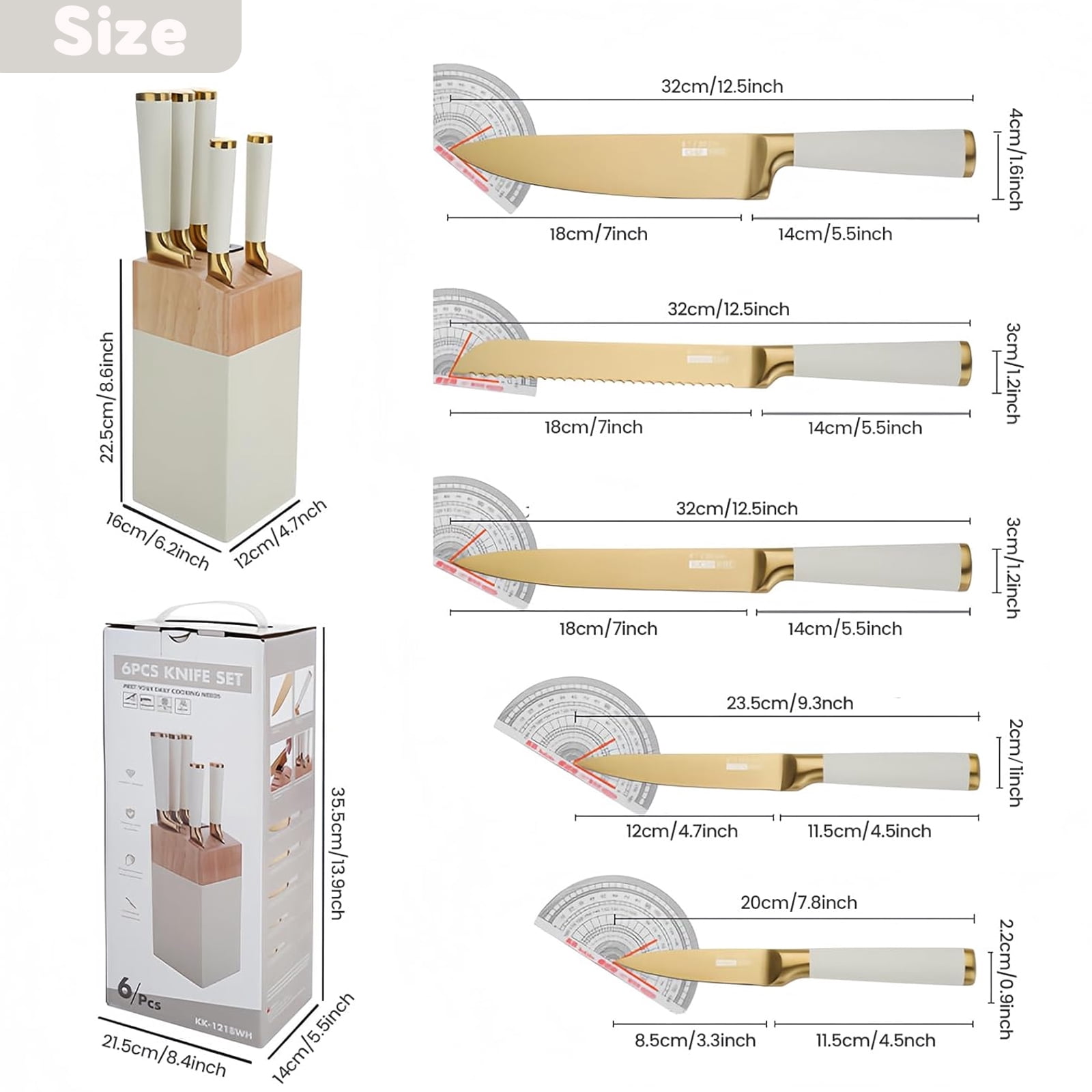 Kitchen Knife Set, 6-Pieces Golden Titanium Coated Knife Block Set with Wood Knife Block & Built-in Sharpener, Stainless Steel Sharp Chef Knife Set, Knives Set for Home Kitchen