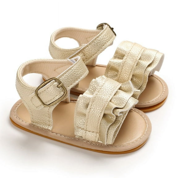 Laurenza's Baby Girls Ruffle Gold Summer Leather Sandals with Rubber Soles Size  3 12-18M
