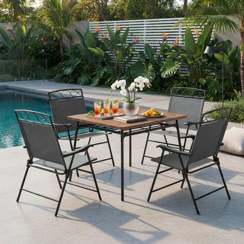 Hommoo 4-Pack Folding Patio Chairs with Armrests, Outdoor Dining Chairs, Lightweight Metal Frame, Easy-Store Compact Design for Deck, Backyard & Poolside, Gray