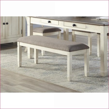 Dining Bench 48-Inch American Country Solid Acacia & Pine Wood Antique White Textured Light Gray Fabric | Dining Room/Kitchen | Antique White | Textured Fabric