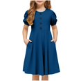 thumbnail image 3 of Girls Summer Dresses Crewneck Puff Sleeve Midi Dress Loose Fit Flowing A Line Dress with Button Decoration 5-15 Years, 3 of 5