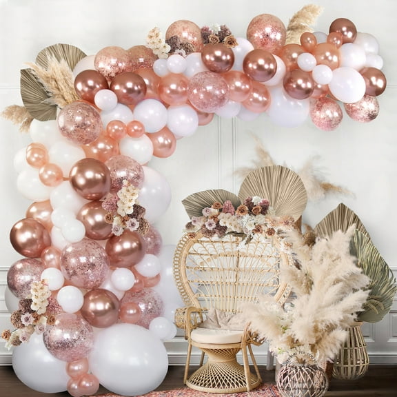 Balloon Arch Garland Kit | 145 Balloon Kit | Rose Gold Chrome Balloons, Blush Pink, White | Crushed Confetti Balloons | Boho Baby & Wedding Showers
