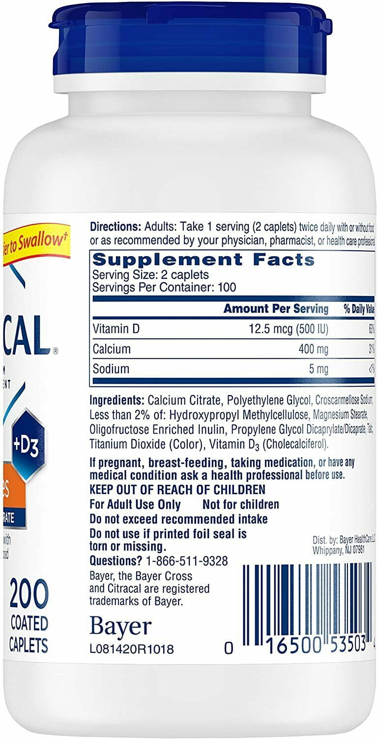 Citracal Calcium Citrate Supplements with Vitamin D Petites 200 ea (Pack of 6)