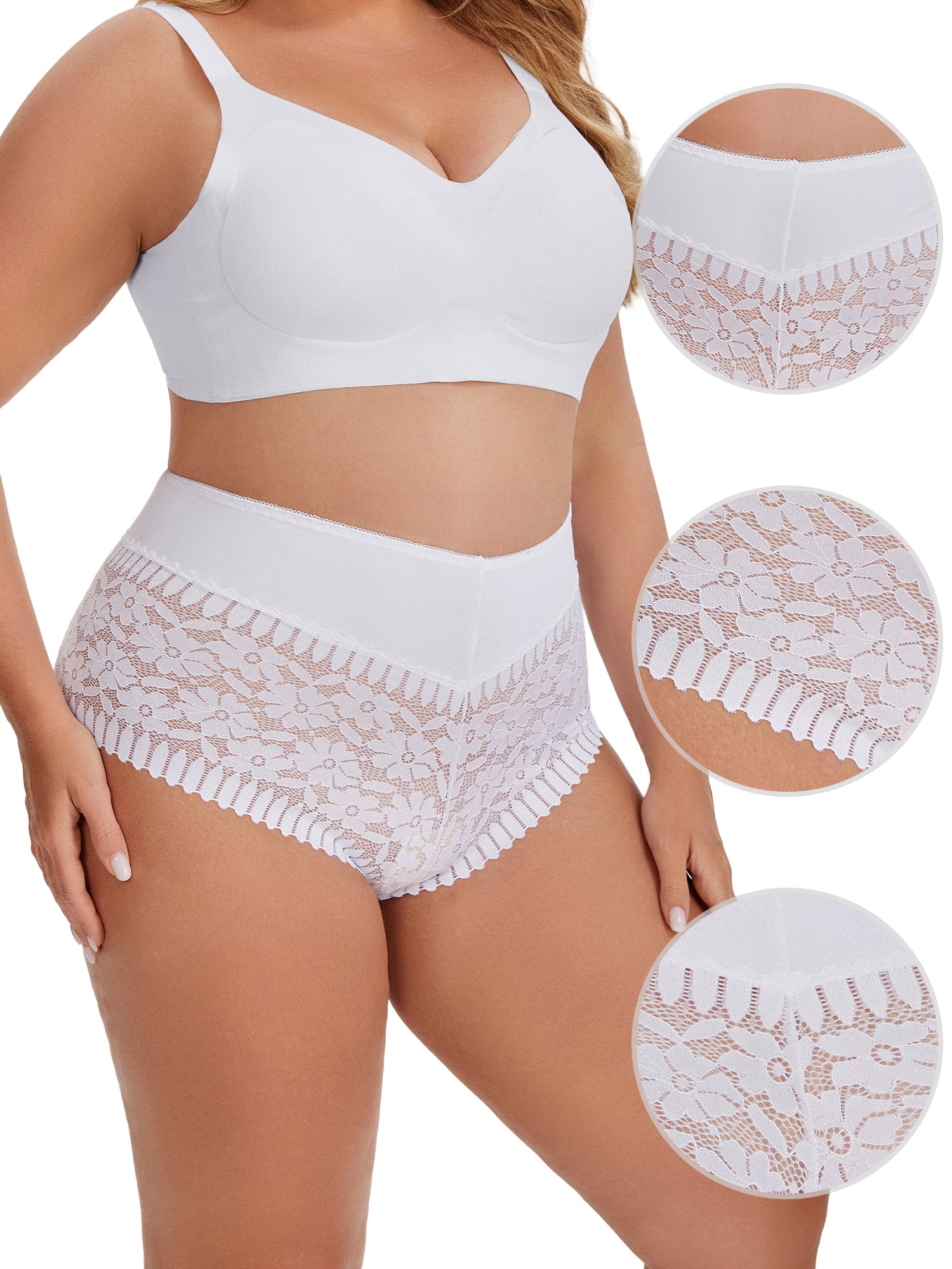 DARING DIVA Women's Sheer Lace Trim Mid Rise Briefs for Comfort and Style XL White