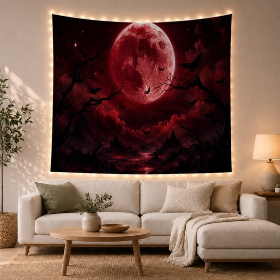 Blood Moon Over Jagged Mountains with Silhouetted Trees and Black Butterflies Eerie Gothic for Dark Art Lovers Fantasy Wall Decor Halloween Gift Tapestry Wall Hanging for Bedroom and Living Room