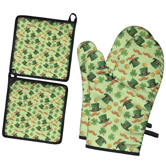 St. Patrick's Day and Mustaches Kitchen Oven Mitt and Pot Holder Set 2 Pcs, Heat Resistant Up To 392 °F, for Baking, Cooking and Grilling