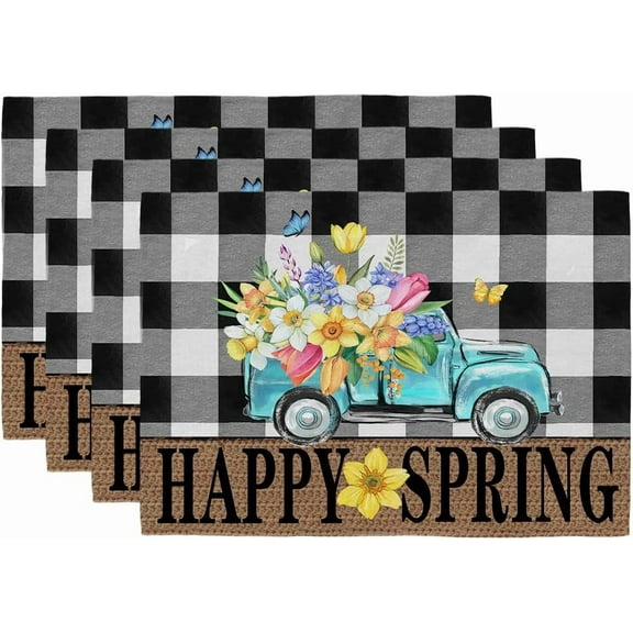 Flowers Truck Spring Placemats 12x18 Inch Set of 4 Black Buffalo Plaid Table mats Farmhouse Rustic Holiday Kitchen Dining Table Decoration for Indoor Outdoor Dinner Party Décor GP070