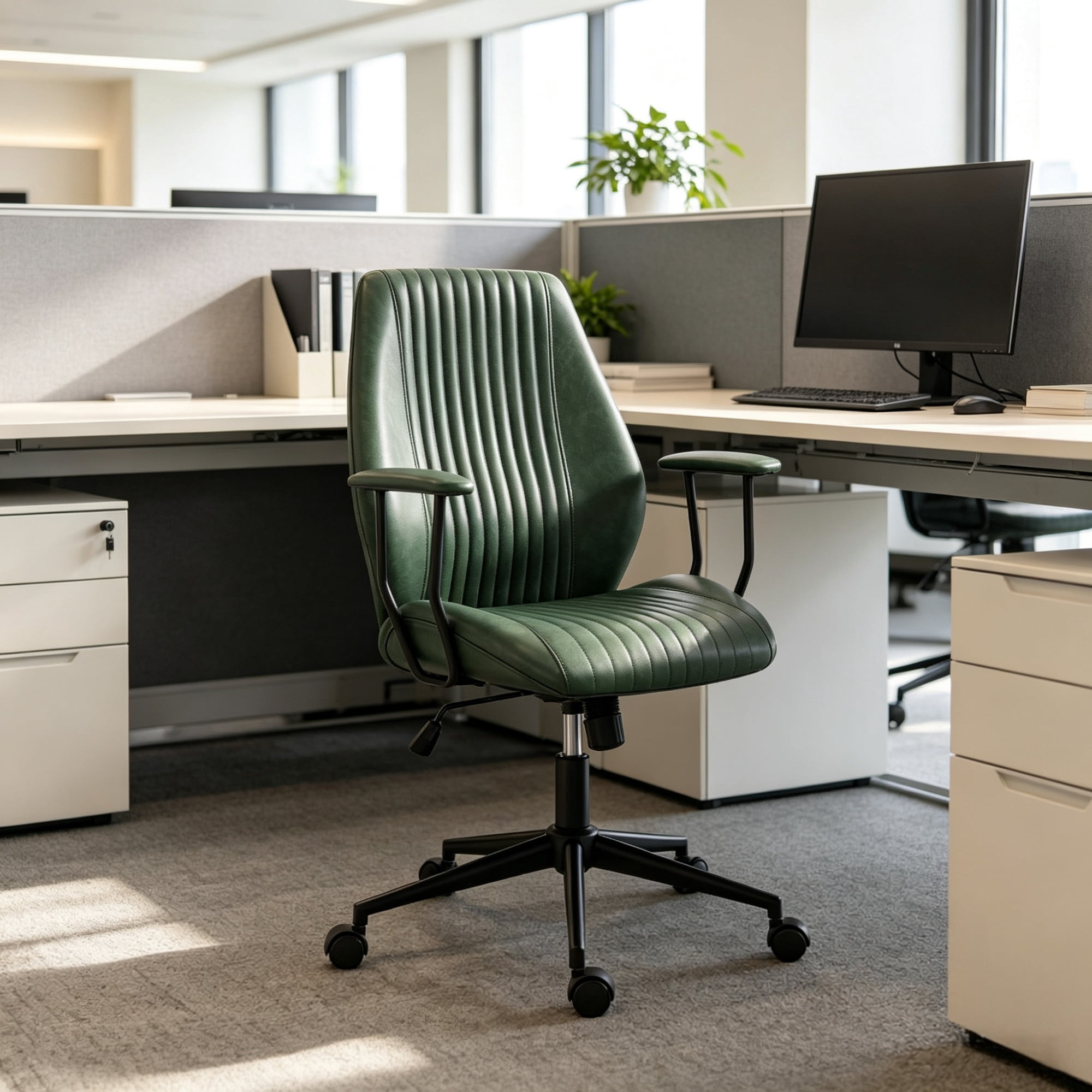 Vintage Leather Office Desk Chair, Padded Arms, 360° Swivel & Adjustable Height, Green