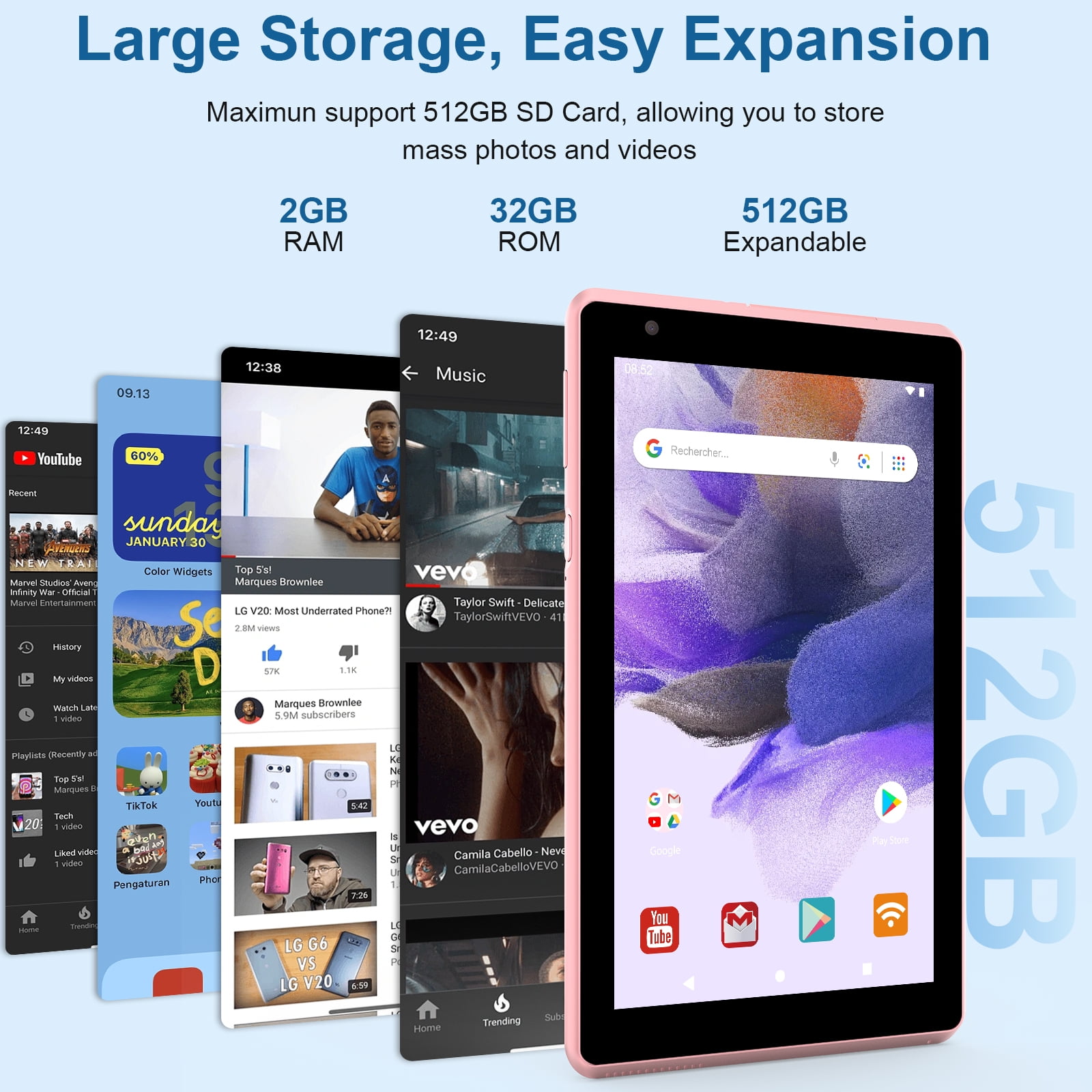 Tablet 7 inch Android 12.0 Tablet, 4GB+32GB ROM （1TB Expand）, Quad-Core, WiFi, GMS, Dual Camera, Educational, Games Pink