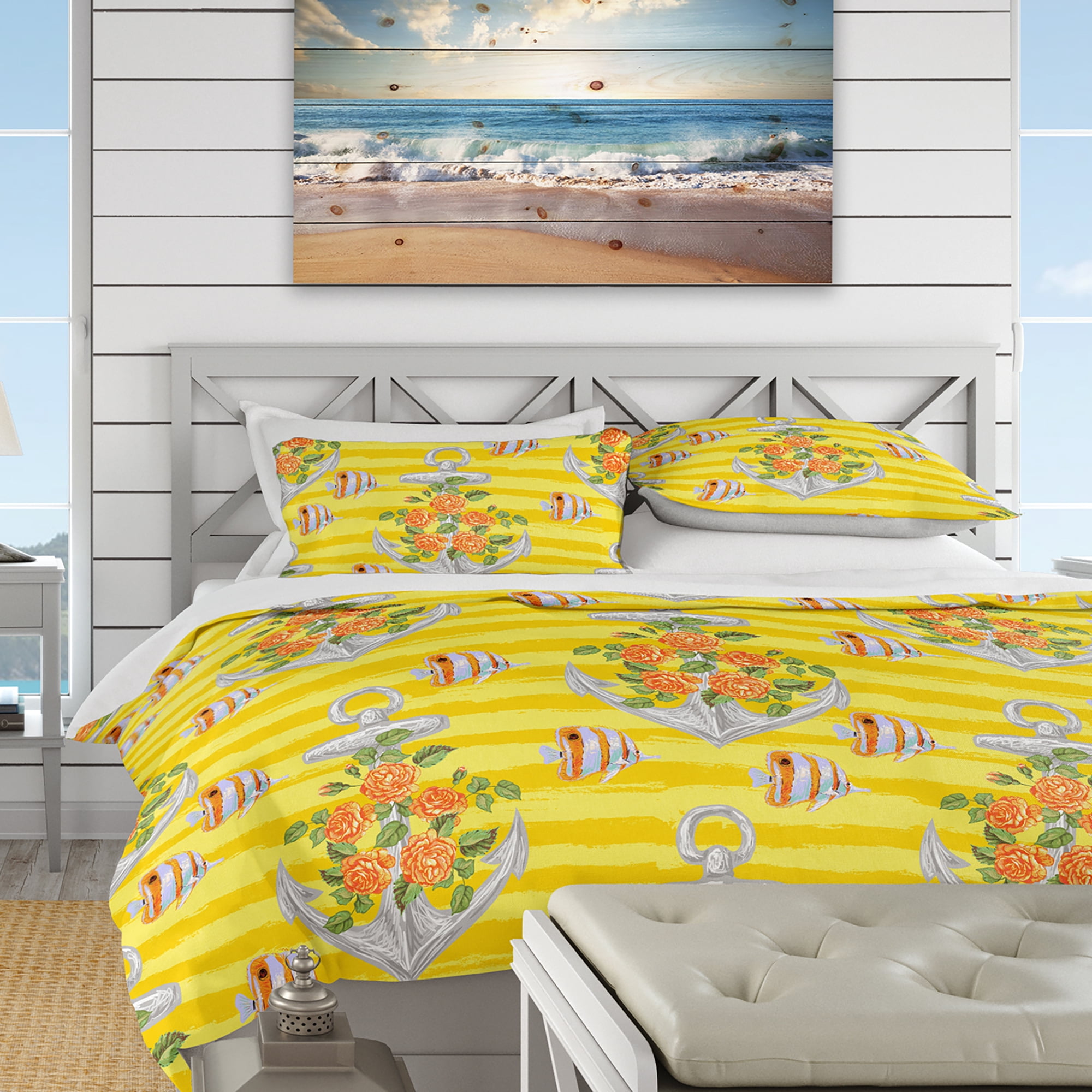 Designart 'Yellow Anchor Pattern' Nautical & Coastal Duvet Cover Set