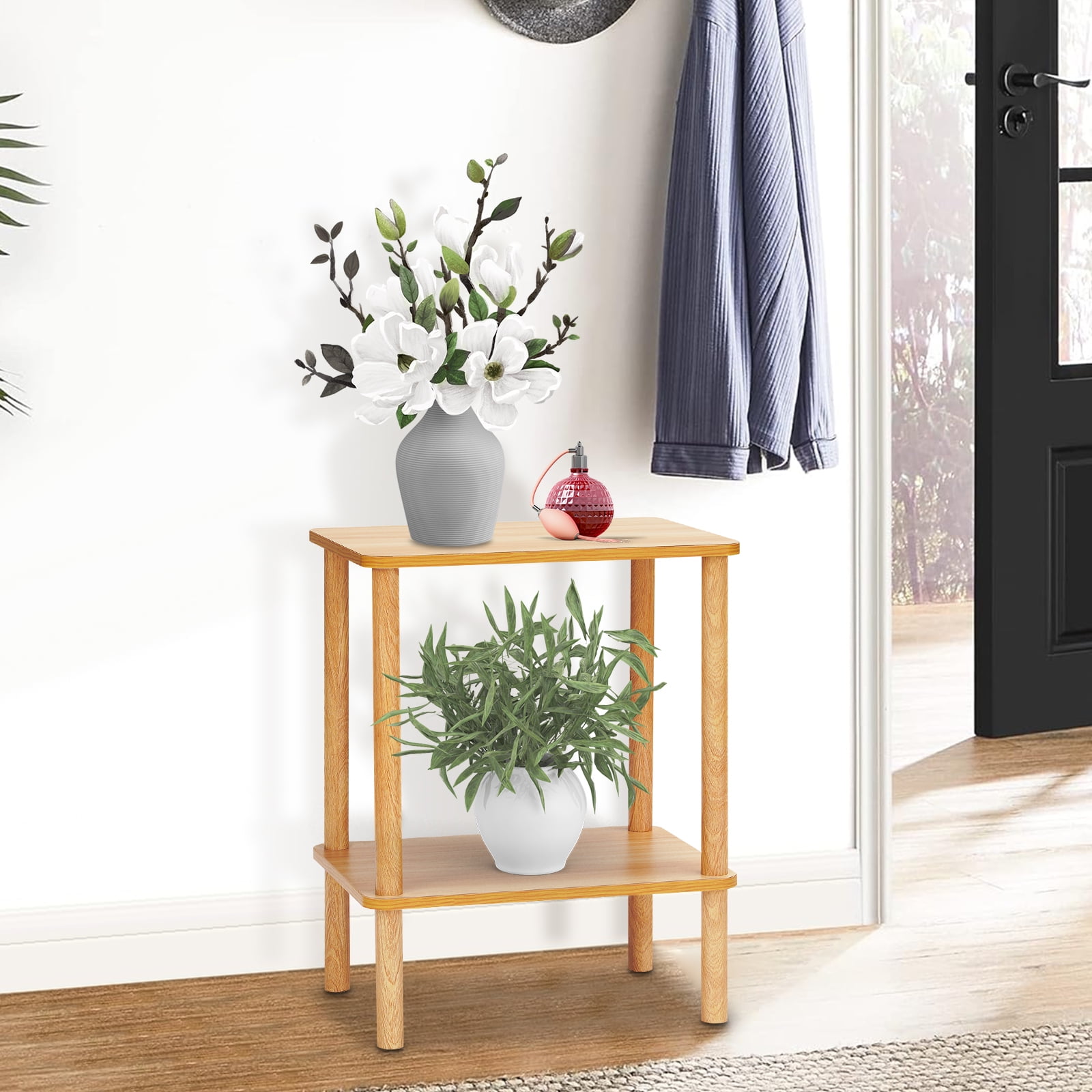 HONEIER 2 Tier Side table, Boho End Table with Storage Shelf, Nightstand with Wood Leg Bedside Table for Small Spaces, Bedroom, Living Room, Entryway, Farmhouse, Easy Assembly, Natural