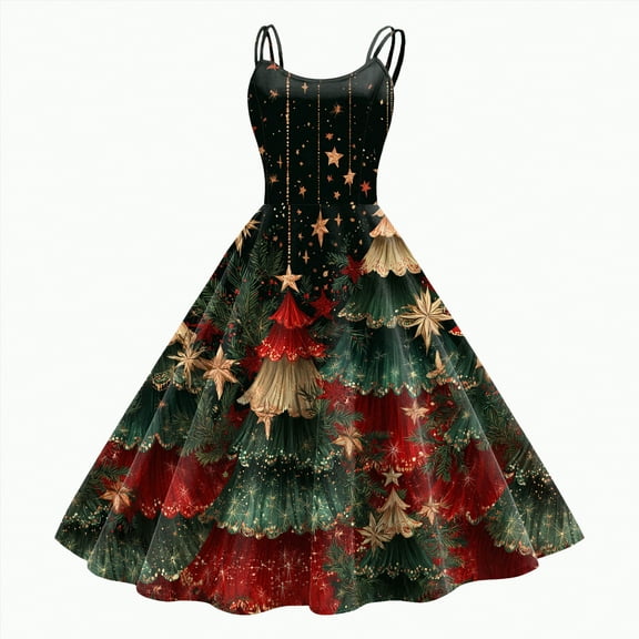 UngA Christmas Womens Dress Sleeveless Spaghetti Straps Xmas Dresses Printed A-Line Swing Evening Women's Party Dress,Size M