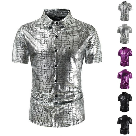 Swuxness Men's Short Sleeve Turndown Collar Shirt Sequin Button Casual Nightclub Style Top