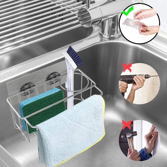 2-In-1 Sponge Holder, Stainless Steel Sink Holder and Sticky Brush Holder for Kitchen, Dining Room and Bar