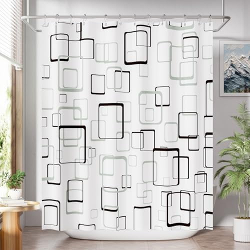 Shower Curtain Grey, Geometric Plaid Cloth Shower Curtain Sets with 12 Shower Curtain Hooks, Washable Fabric White Shower Curtain, Luxury Farmhouse Bathroom Shower Curtain, 72x72 Inches