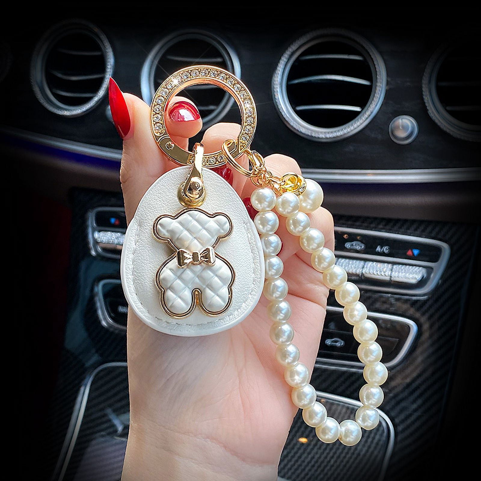 Leather Key Ring Personality Access Control Card Cover Bear Sticker Pearl Chain Keychain for Girl Woman Fashion Gift
