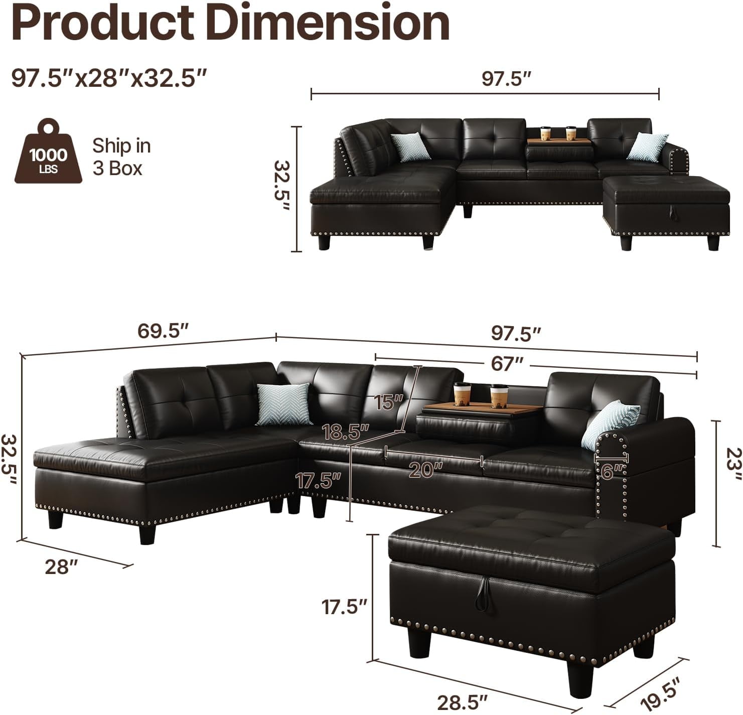 AENKYO 98" L-Shaped Sectional Sofa with Reversible Chaise, Storage Ottoman & Cup Holders, Faux Leather, Black