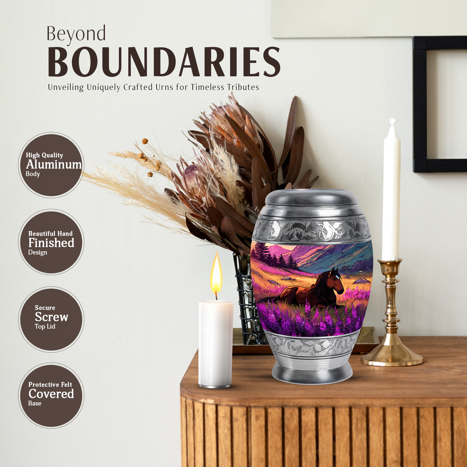 JAGASY Horse Small Urn for Ashes Adult Male, Dark Blue Keepsake Urns for Human Ashes, Purple Flowers Decorative Urns for Mother, Mountain Mini Cremation Urn for Father, (3 Inch)