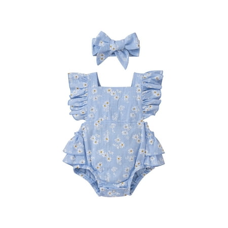 

Yinyinxull Summer Baby Girls 2Pcs Outfits Sweet Ruffles Sleeveless Flower Print Rompers Jumpsuits Headband Blue 18-24 Months