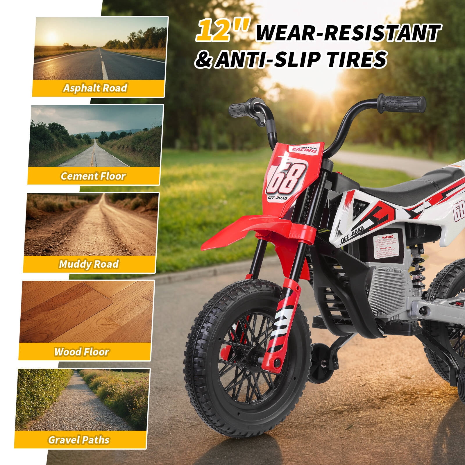 Tapoja 12V Kids Electric Dirt Bike w/ Twist Grip Throttle, Ride on Motorcycle w/ Training Wheels, Powered Ride on Toys for Boys Girls Ages 3-8, Spring Suspension, Dual Motors, Bluetooth, MP3