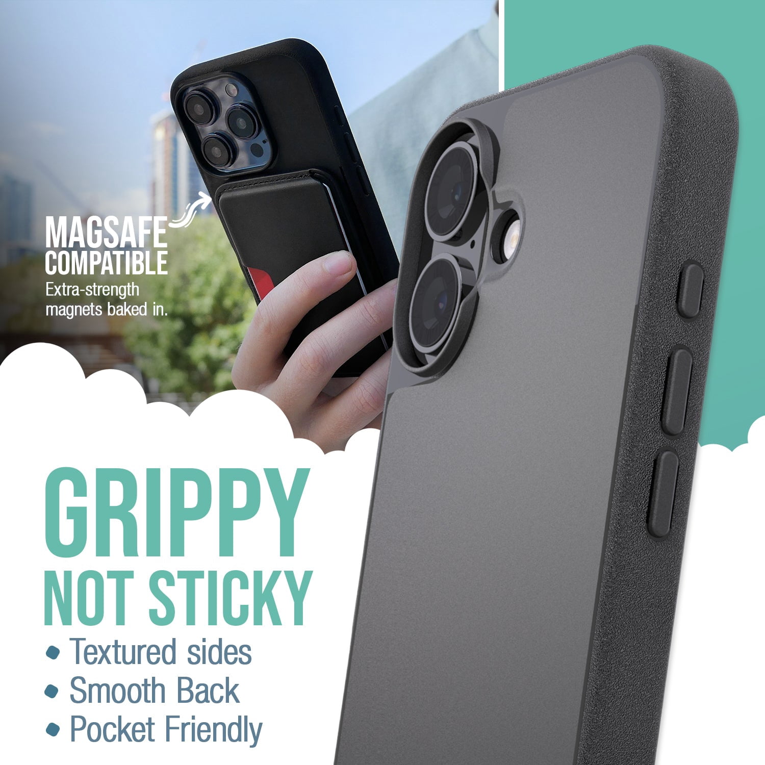 Smartish® iPhone 16 Magnetic Case - Gripmunk Compatible with MagSafe [Lightweight + Protective] Slim & Thin Grip Cover with Microfiber Lining for Apple iPhone 16 - Black Tie Affair
