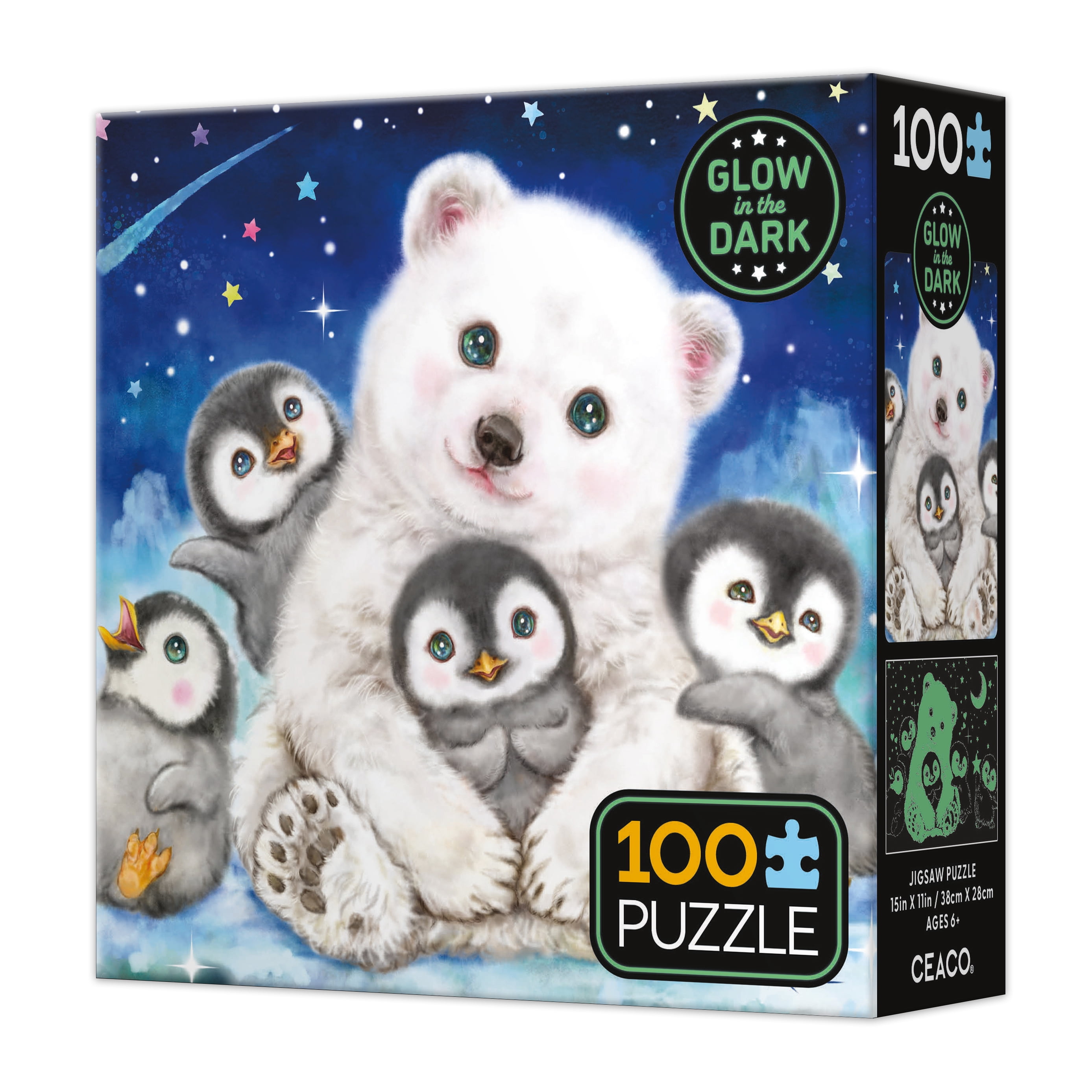 Ceaco Polar Bear and Penquins Glow in the Dark 100-Piece Interlocking Jigsaw Puzzle for Adults Ages 6+
