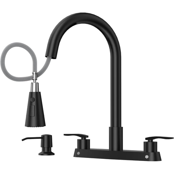 Black 2 Handle Kitchen Faucet with Sprayer, 4 Holes Pull Down Faucets for Kitchen Sink with Soap Dispenser Stainless Steel