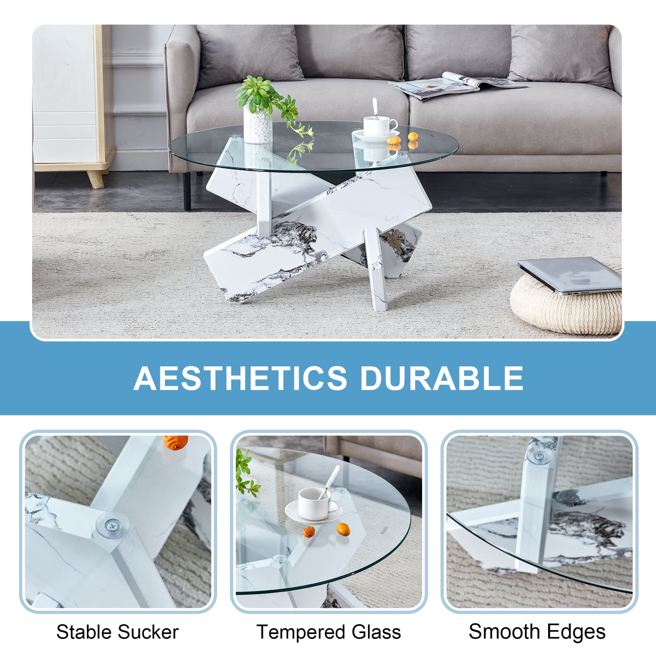 Vinform Round Coffee Table for Living Room, Transparent Glass, White