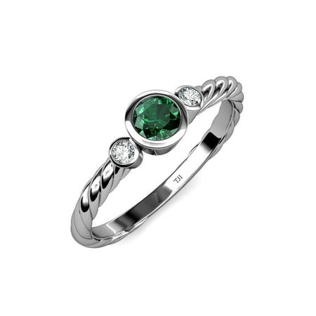 

Emerald and Diamond (SI2-I1 G-H) Three Stone Rope Ring 0.65 ct tw in 14K White Gold.size 3.5