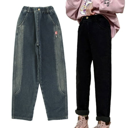 

WOLLED Fleece Jeans Pants for Girls Kids Thickened Denim Trousers 5-15Y Teen Toddler Warm Denim Pants for Fall Winter