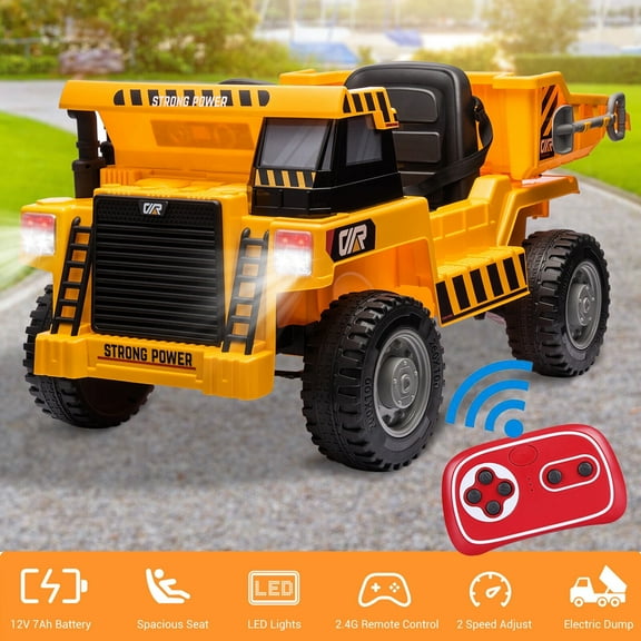 Curuk 12V Battery Kids Ride-On Dump Truck with Remote Control, Music Player, Electric Dump Bucket Bed Electric Dumper Tractor, Yellow