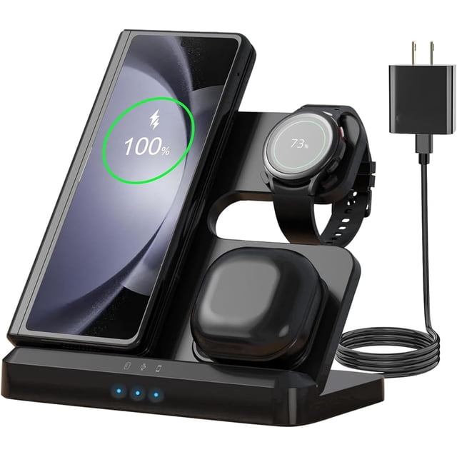 Cargador Inalámbrico 3 en 1 para Samsung/iPhone, Cargador para Samsung S24/S23 Ultra/S22 Ultra/S23/S23 /Z Fold 4/Flip 4/S22, para Galaxy Watch 6/5/5 Pro/4, Estación de Carga Buds (Negro),Plegable