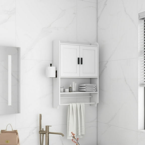 Smuxee Bathroom Wall Storage Cabinet with Towel Bar,Medicine Cabinet Organizer over The Toilet,White