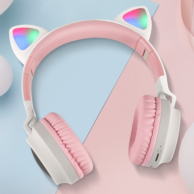 Twowood auricular Lindo gato de gato Bluetooth compatible con Bluetooth LED LED Luz de resplandor de brillo para niña Auriculares Auriculares Auriculares