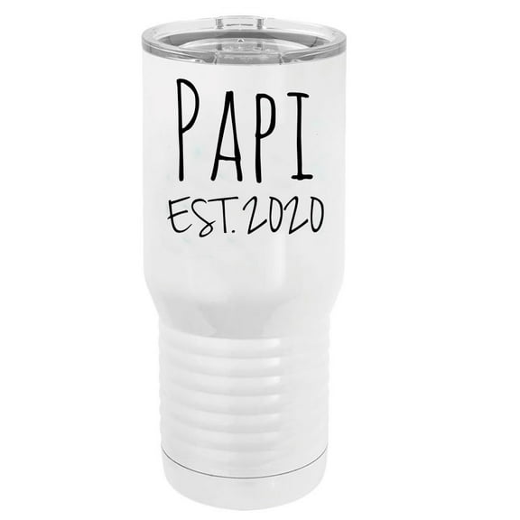Papi Est. 2020 Established Stainless Steel Vacuum Double-Walled Insulated 20 Oz Tumbler Travel Coffee Mug with Clear Lid, White