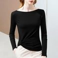 thumbnail image 2 of Lenpel Women's Thermal Shirts Cotton Long Sleeve Boat Neck Side Twist Slim T-Shirts Base Layer Tops Casual Tee Blouses(Black,X-Large), 2 of 3