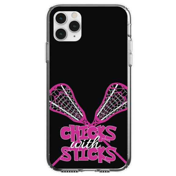 DistinctInk Clear Shockproof Hybrid Case for iPhone 13 Pro MAX (6.7" Screen) - TPU Bumper, Acrylic Back, Tempered Glass Screen Protector - Hot Pink Lacrosse - Chicks with Sticks