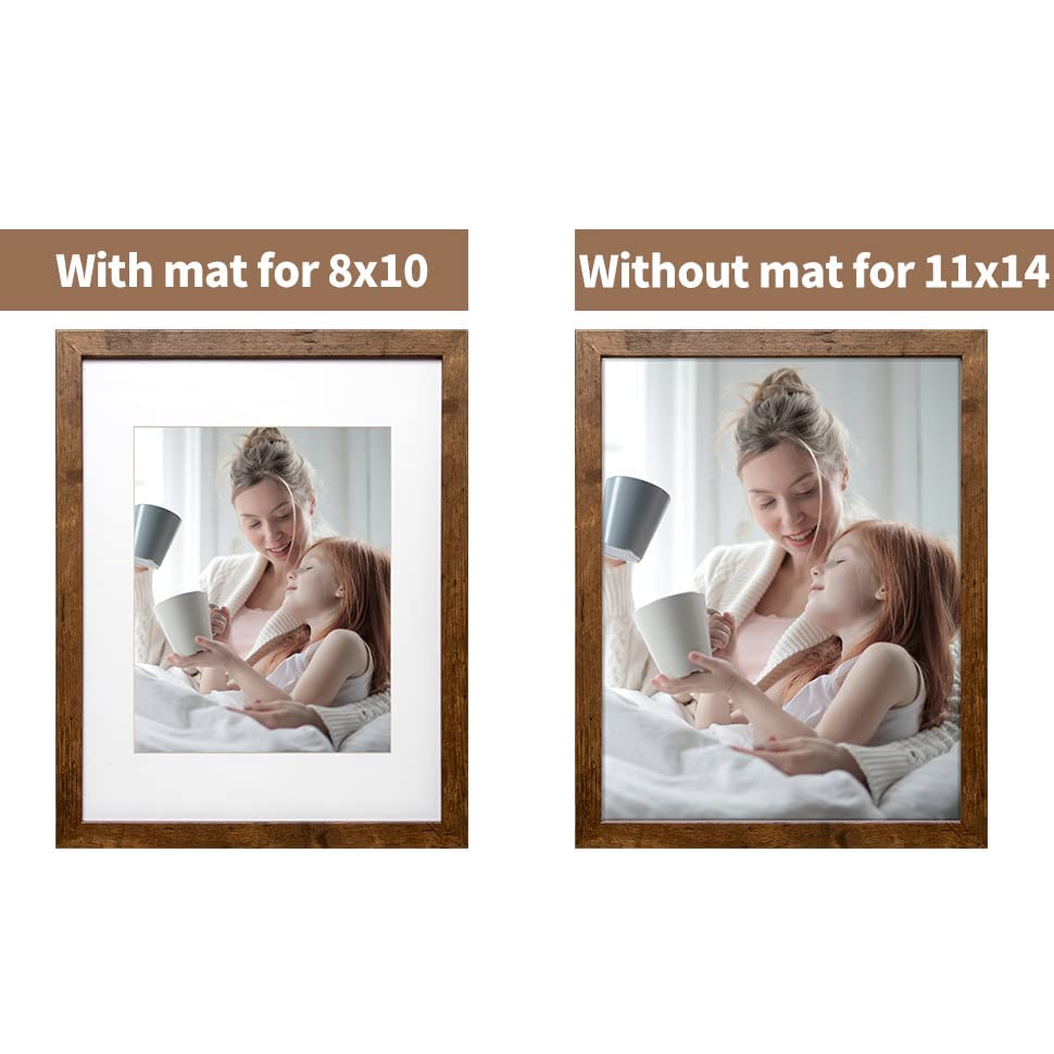 Afuly 11x14 Picture Frame with Mat, Wooden Frames for 11x14 8x10 Photos Display, Modern Walnut Photo Frame Set for Wall and Tabletop, Gifts for Mom Dad Grandma Family Friends, Set of 2